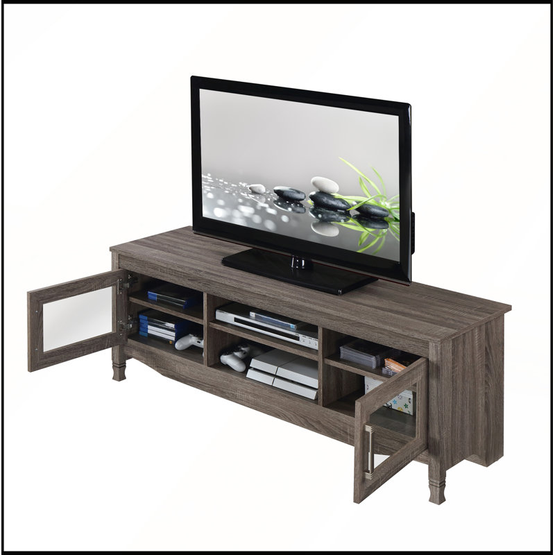 Meuble télé en bois flotté pour téléviseurs jusqu'à 60 pouces avec étagères de rangement et système de gestion des câbles.