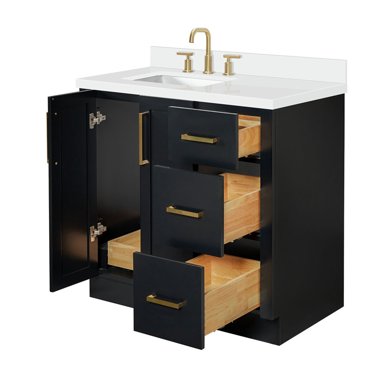 Meuble-lavabo rectangulaire simple décalé à gauche de 37 pouces avec comptoir en quartz blanc pur de 1,5 pouce d'épaisseur et finition noire.