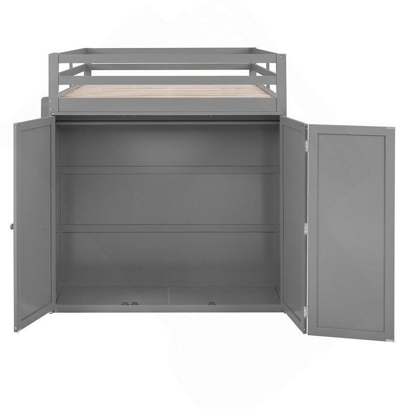 Lit mezzanine avec tiroirs, bureau et garde-robe, Gris