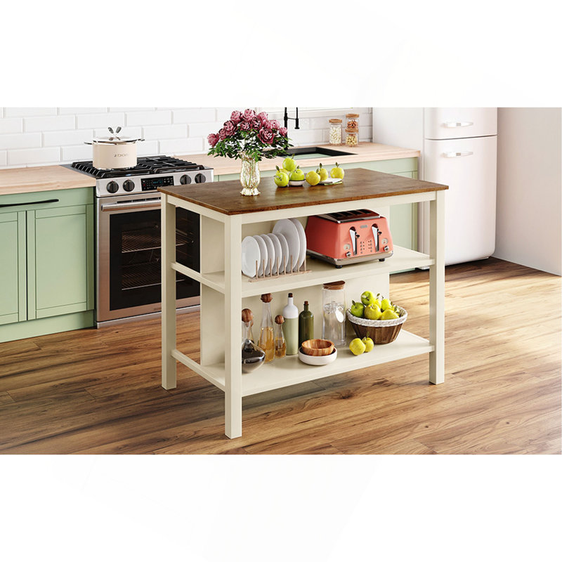 Îlot de cuisine 45 po en bois massif avec table de préparation en bois d'hévéa et 2 tablettes ouvertes pour petits espaces