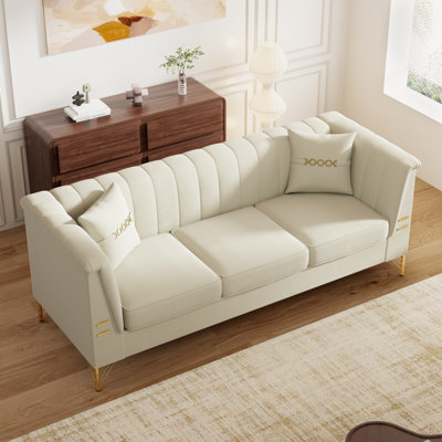 (Avec 2 coussins) - Canapé vert de style Chesterfield 3 places en velours moderne de 82,67 po avec 2 coussins