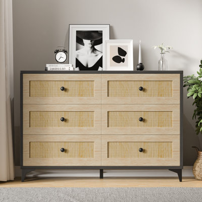 47" Wide Flax Dresser With 6 Drawers - Curved Profile Wooden Chest For Bedroom, Living Room, Hallway (Walnut)