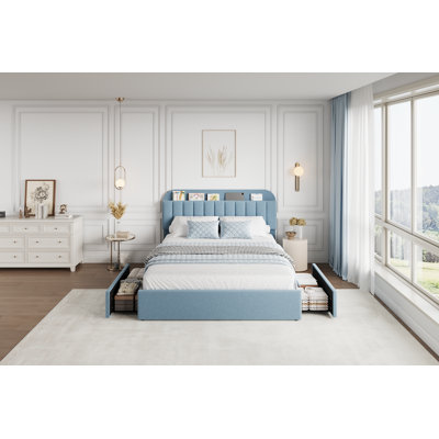 Bed Frame with 2 Storage Drawers, Kids Bedframe with Storage Headboard, Upholstered Bed Frame