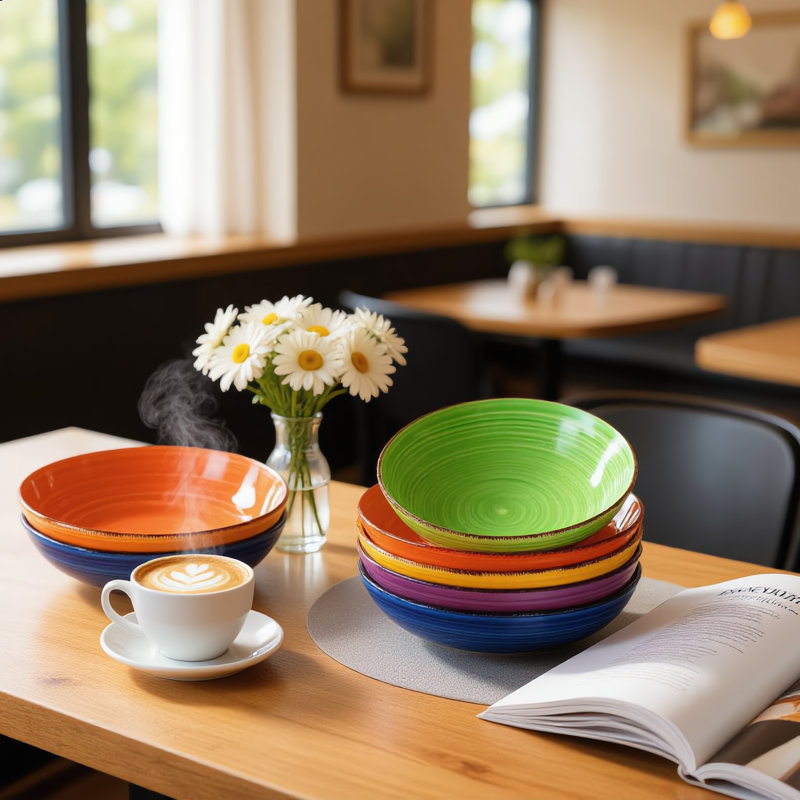 38 Oz Shallow Ceramic Bowls Set Of 6, Assorted Colours, Microwave & Dishwasher Safe For Pasta, Salad & Soup