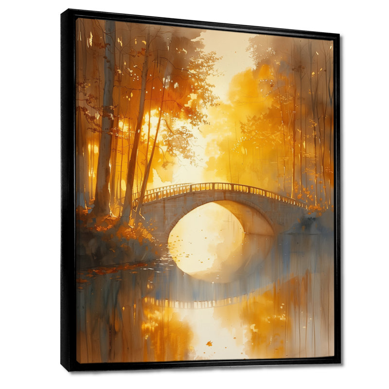 Décoration murale jaune et beige, automne, rivière de beauté I - Ponts, Cadre flottant noir, H 34 po x l 44 po