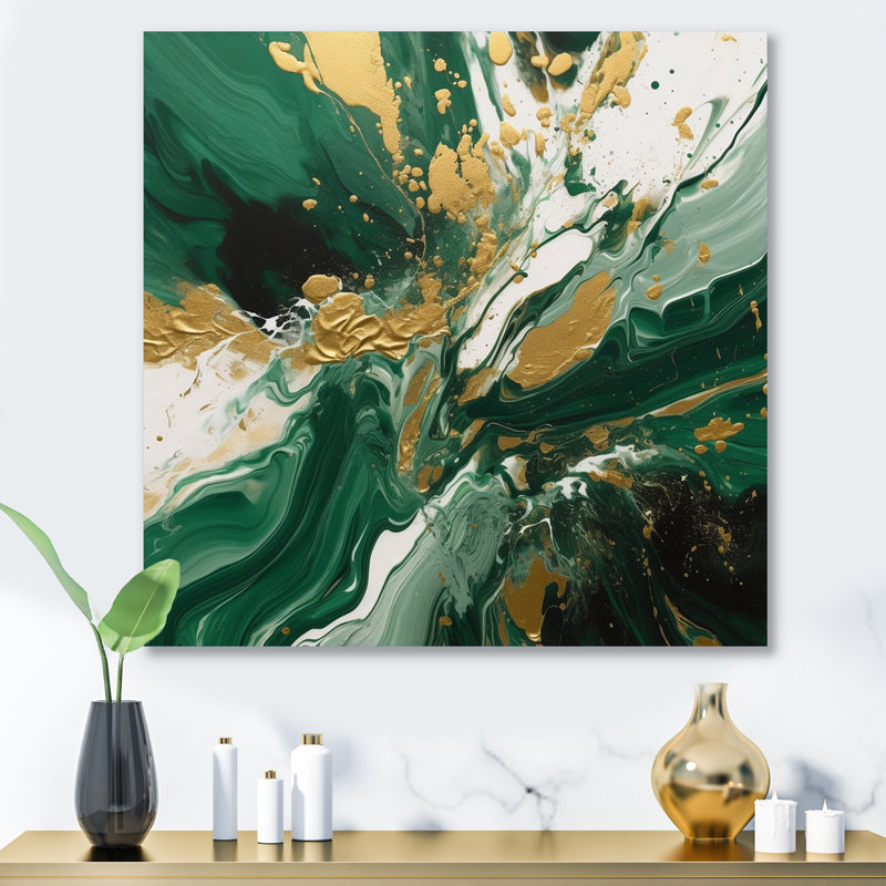 Magie liquide verte et dorée I - Décoration murale abstraite en métal, H 16 po x l 16 po x P 1 po
