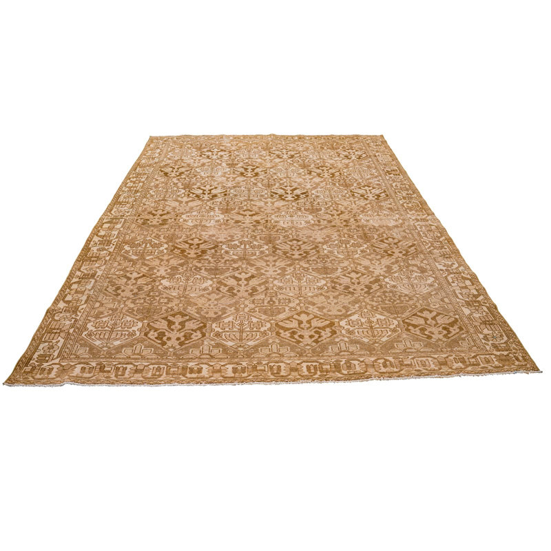 Tapis Oushak turc rétro fait à la main beige et brun Anatolian 7 x 10