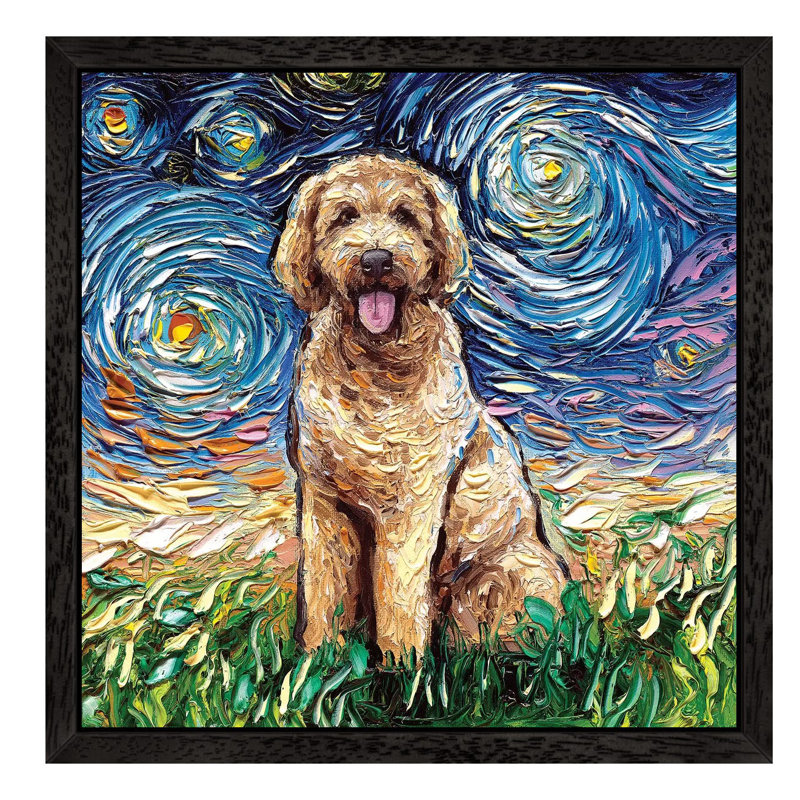 Goldendoodle Night 1 Piece Painting on Canvas, 45.72 cm H x 45.72 cm W, Black Floater Framed