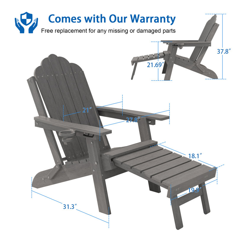 3-Postion Adjustable HDPE Adirondack Chair with Ottoman, All-Weather Folding Patio Chair with Cup Holder for Outdoor, 350lb Capacity