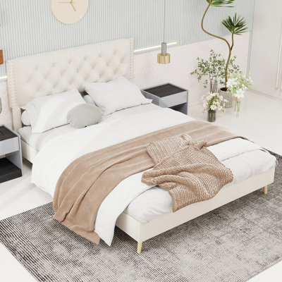 Beige Velvet Upholstered Queen Bed, Frame, Fits Common Mattress Dimensions, Noise - Structure, Easy Fit, Ideal For Bedroom