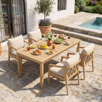 Ensemble repas d'extérieur en bois d'acacia 4 personnes Barkbridge avec coussins résistants à l'eau et trou pour parasol