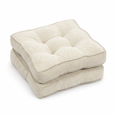 Chenille Tufted Dining Chair Cushion Set of 2, Square Seat Pads with Double Piping and Ties