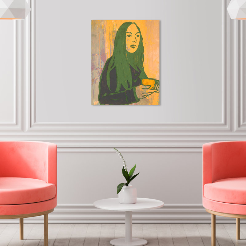 Lady Green Tea - peinture sur toile, Toile tendue, H 20 po x l 16 po