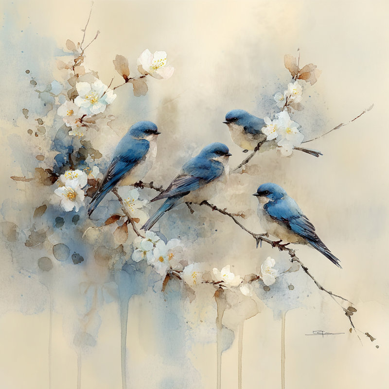 Spring Gathering – Bluebirds on Blossoming Tree