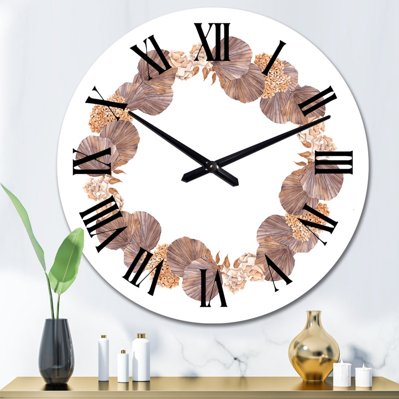 Couronne avec fleurs séchées, feuilles et herbe - Horloge murale traditionnelle, Moyen