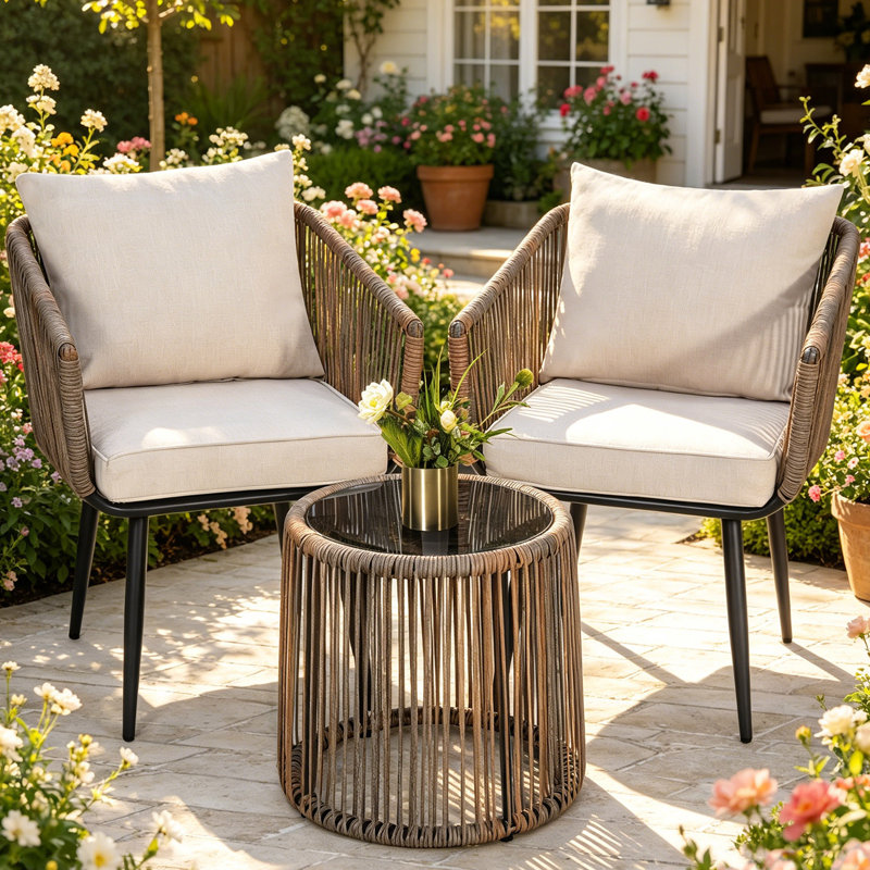 3 Pieces Patio Rattan Bistro Conversation Set, Outdoor All-Weather Wicker Furniture, Beige, White Cushion/Beige Frame