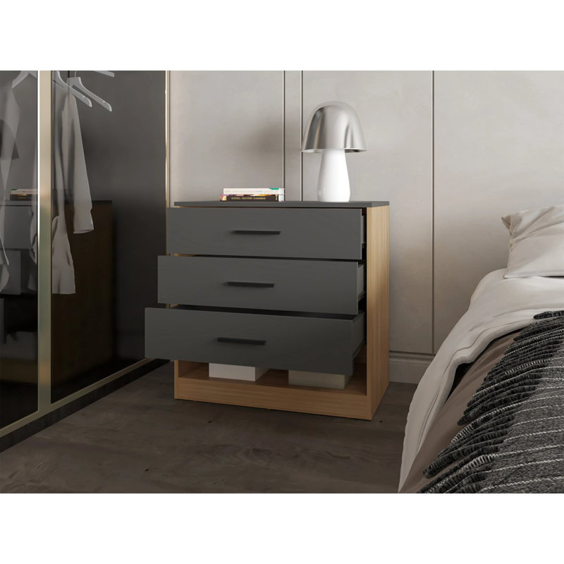 Commode à 3 tiroirs et tablette ouverte en chêne naturel et gris mat