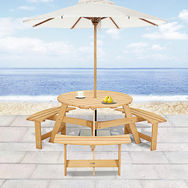 Outdoor 6 Person Picnic Table, 6 Person Round Picnic Table With 3 Built-In Benches, Natural