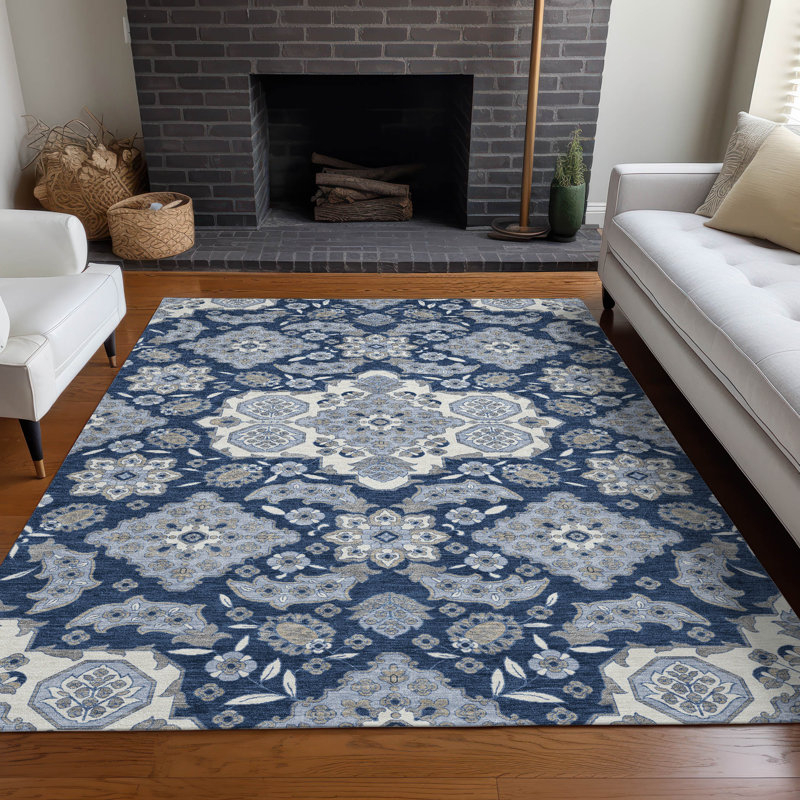 Machine Washable Indoor/Outdoor Xhevrie Blue Rug, Rectangle 5' x 7'6"