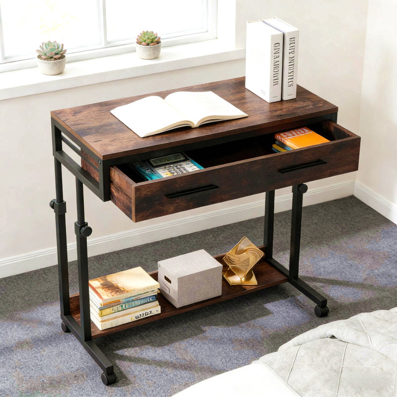 Office Table,Compact  Desk With Wheels,Height Adjustable Writing Desk,Mobile Coffee Table