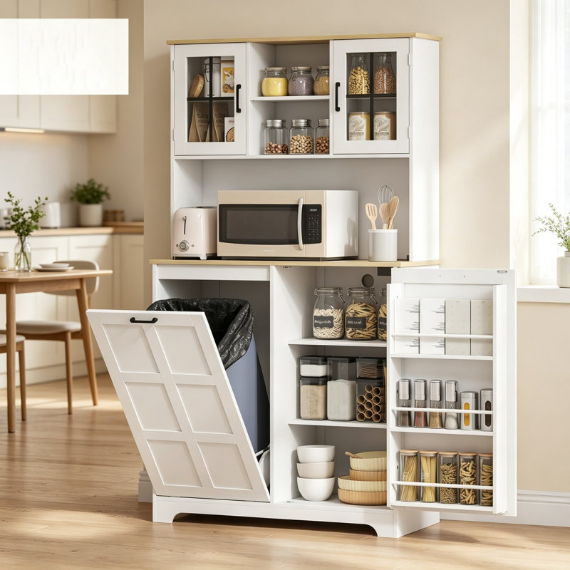 White 175cm Tall Kitchen Sideboard Storage Cabinet | Built-in Charging Station & 26.5L Rubbish Bin, 3 Door Shelves, 2 Acrylic Doors, Freestanding Cupboard for Kitchen, Dining Room