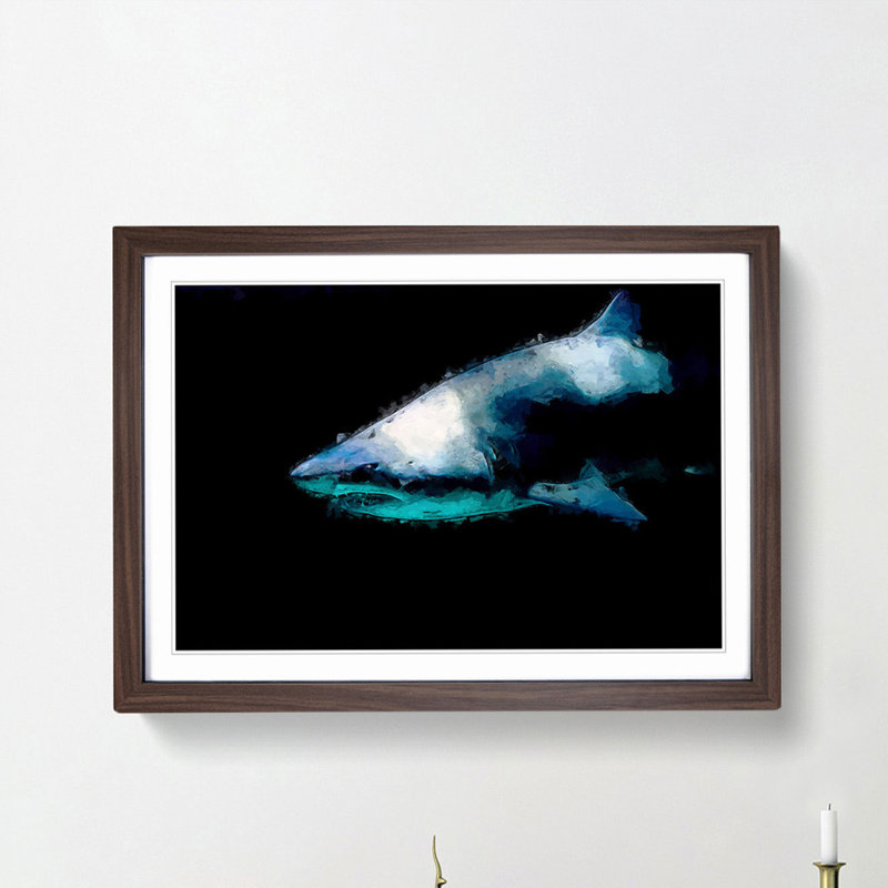 Shark in the Shadows - Picture Frame Graphic Art Print, Walnut, 40cm H x 60cm W x 2cm D