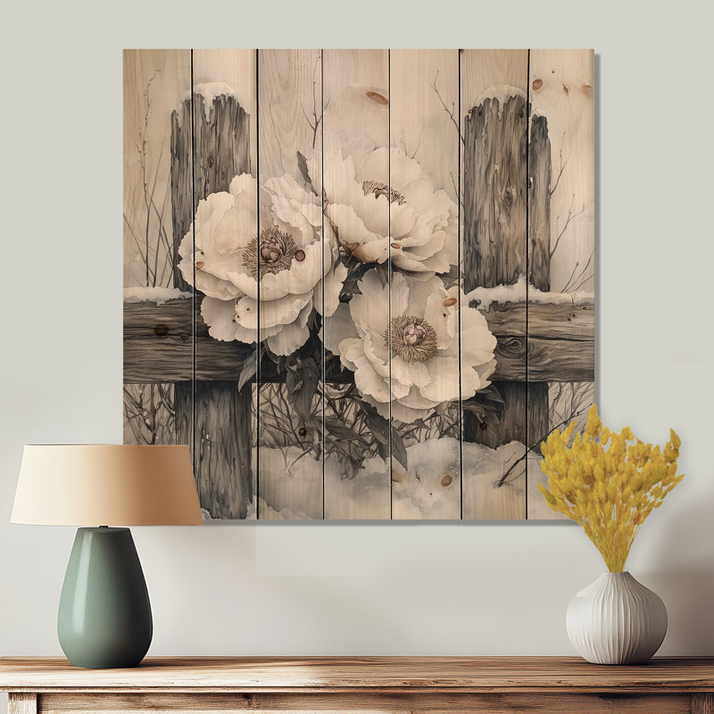 Winter Peonies By The Snowy Fence III - Peonies Wood Wall Art - On Natural Pine Wood, 36" H x 36" W x 0.78" D