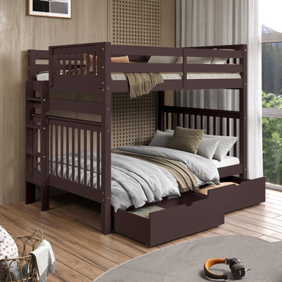 Treva Solid Wood Standard Bunk Beds Full over Full, 4 Step Ladder, 2 Under-Bed Drawers, Dark Cherry