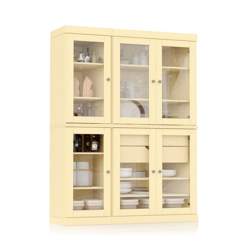 Vaisselier 100% bois massif 48,5 po avec portes en verre transparent, 2 tiroirs et tablettes réglables, Yellow