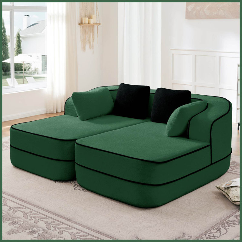 77.2" Teddy Fabric Boneless Sofa Bed, Green Teddy