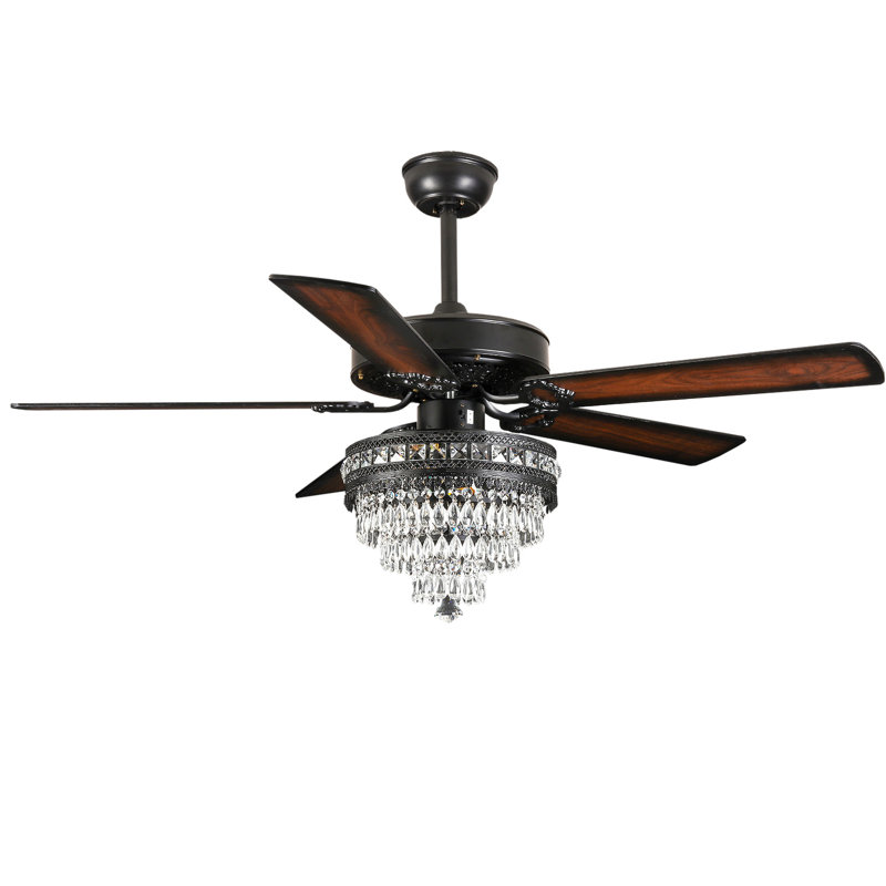 Ventilateur de plafond d'intérieur à 5 pales en cristal avec télécommande et lumière, 52, Noir