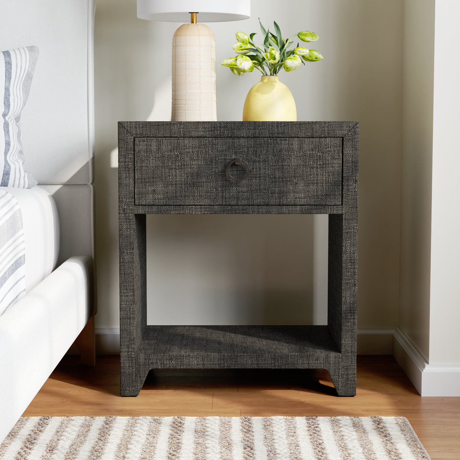 Cleo Raffia 1 - Drawer Nightstand, Charcoal Gray