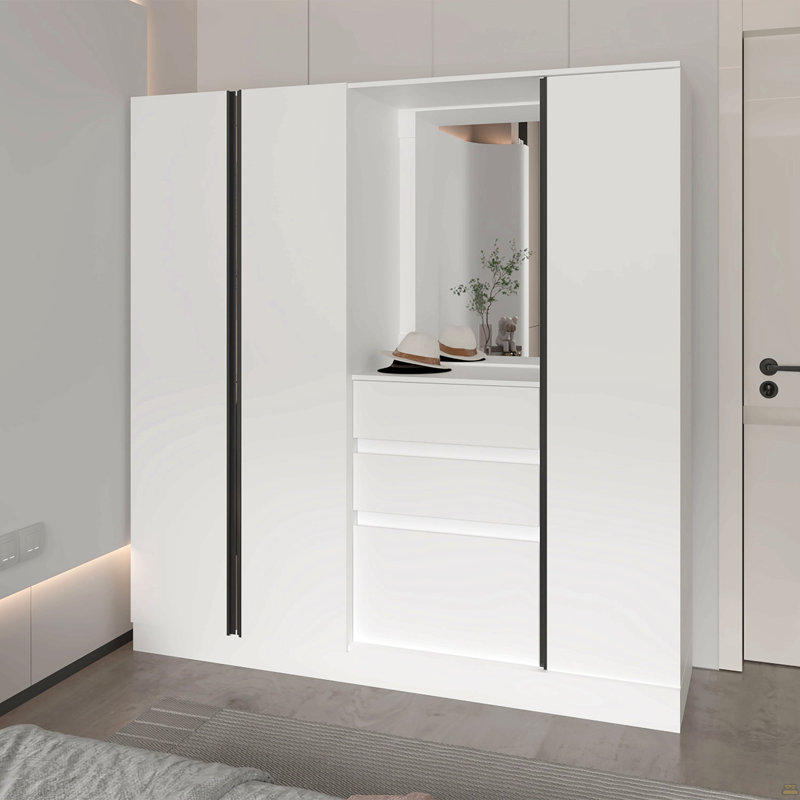 Organisateur de garde-robe blanc avec miroir et compartiments de rangement