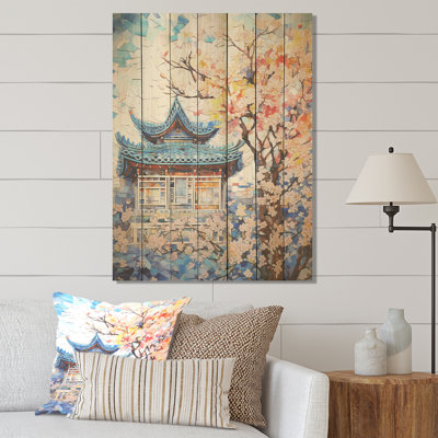 «Blue Japon Blooming Tree Landscape», art asiatique sur bois