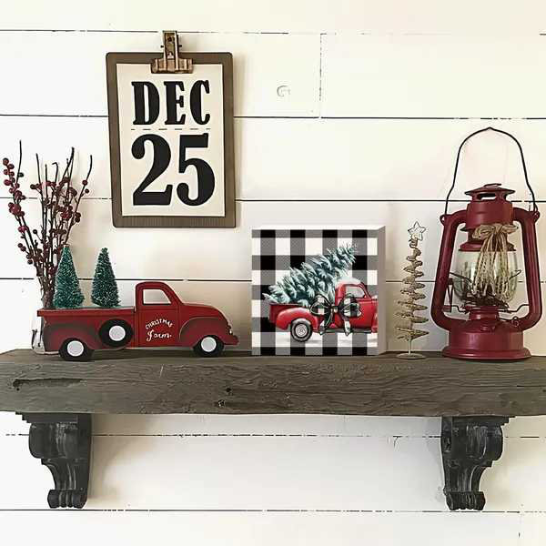 Décorations de Noël Camion rouge, boîte de Noël en bois, panneaux Buffalo Plaid