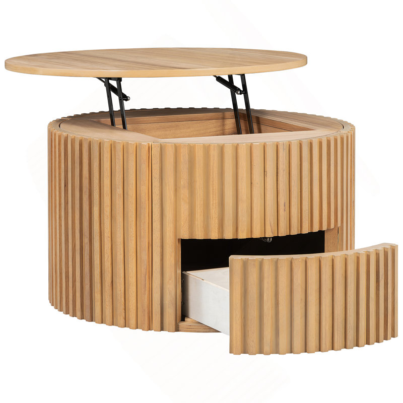 VIBE HAUS Round Lift Top Coffee Table, Modern Fluted Wood Accent Coffee Table with Hidden Storage for Living Room