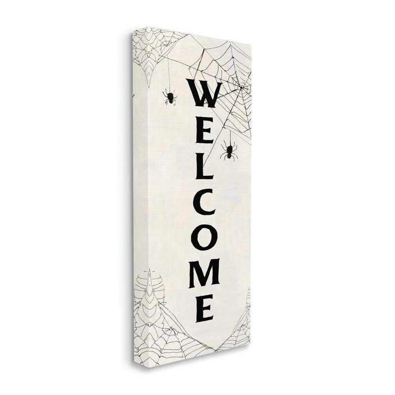 «Spooky Spiderweb Welcome Sign Festive Halloween Greeting» par Sally Swatland - Art textuel, H 30 po x l 13 po, Toile tendue