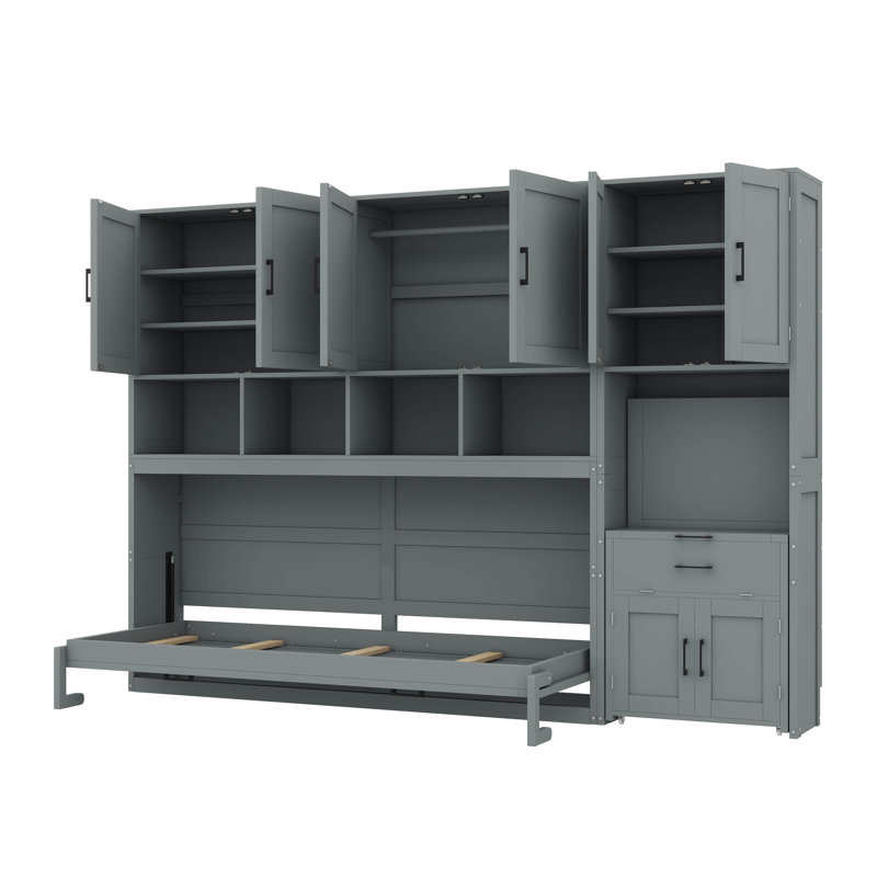 Lit escamotable simple de faible encombrement avec garde-robe, tiroirs et poste de travail intégrés