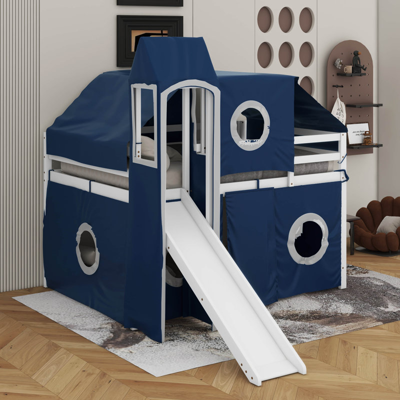 Lit mezzanine double avec tente et tour, Bleu