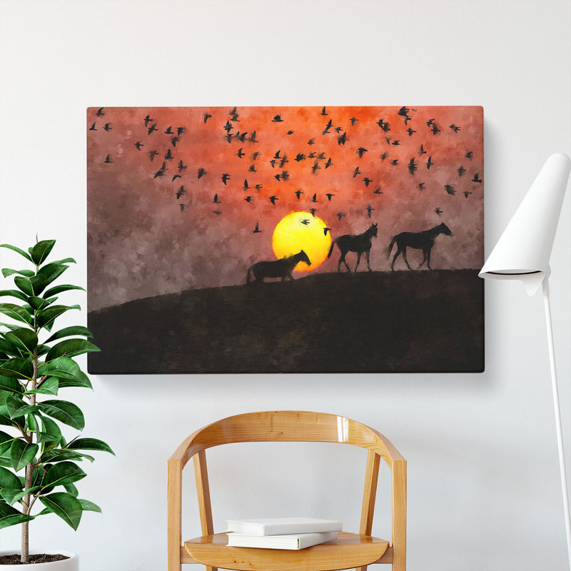 Birds And Horses At Sunset - Wrapped Canvas, 40cm H x 60cm W x 3cm D