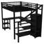 Lit mezzanine en métal noir avec rangement, bureau et conduit pour une chambre à coucher sophistiquée avec placard, effets dynamiques