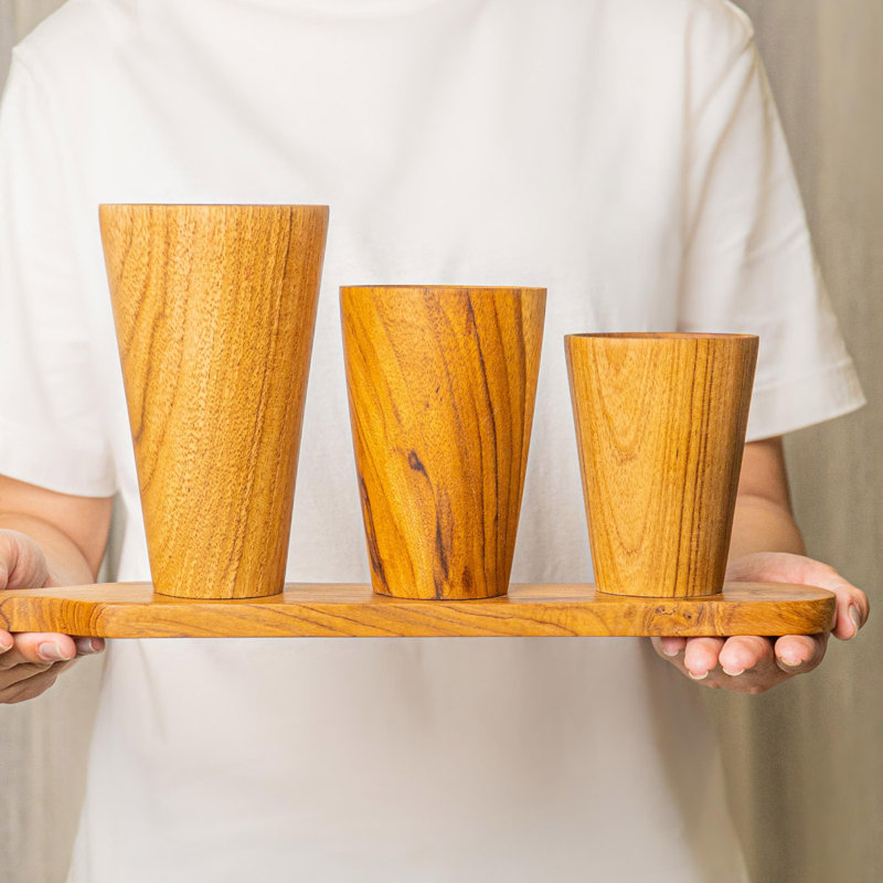 Ensemble de tasse à thé droite en bois de teck, 2, 12 oz