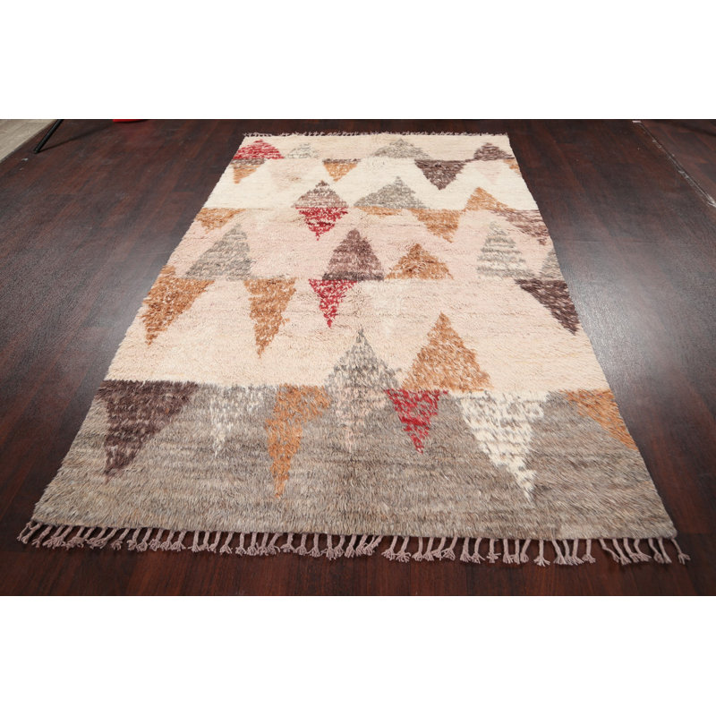 Tapis décoratif en laine de style marocain Ivoire de conception unique 5 pi x 7 pi 7 po noué à la main New Age