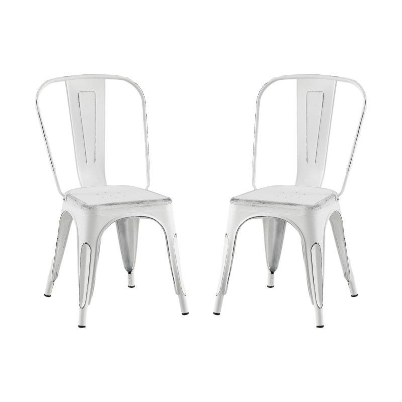 Chaises de salle à manger empilables de 18 pouces en métal blanc mat sablé de 2 pouces, faciles à nettoyer, pour les espaces intérieurs et extérieurs dans la cuisine et le bar.