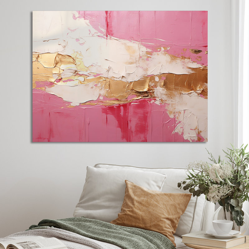 «Minimalisme rose et doré Horizon I», reproduction d'art sur toile encadrée, Toile tendue, H 30 po x l 40 po x P 1,5 po