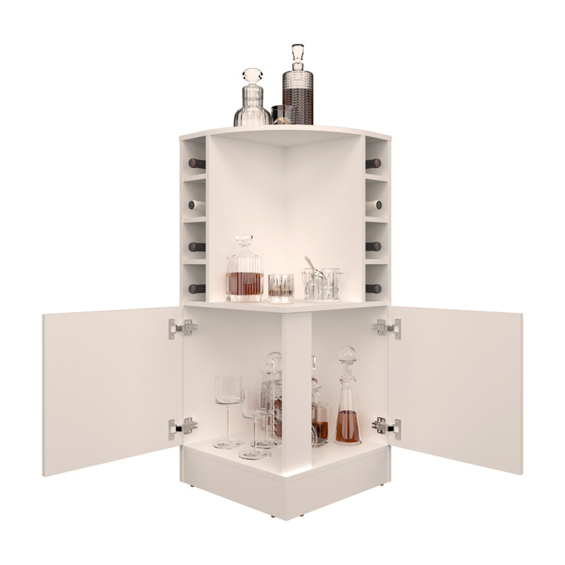 Corner Bar Cabinet With Eight Wine Bottle Cubbies And Double Door, Liquor Cabinet, Storage Cabinet, White