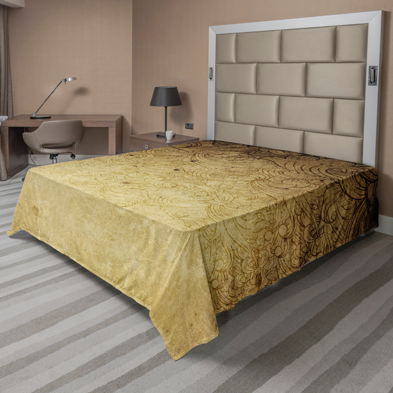 Ambesonne Top Flat Sheet Curving Art, Queen Flat Sheet, Tan Floral