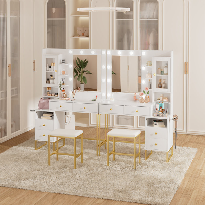 Shaune 39.4''W Makeup Vanity, Vanity Desk with LED Light, Big Mirror and Charging Station