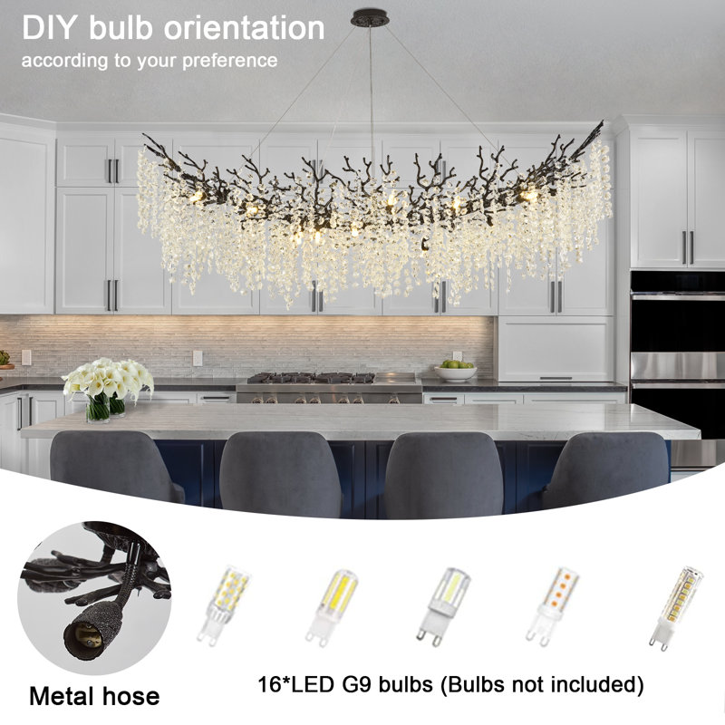 Tree Branch Snow Crystal Chandelier Lighting 63"L, Black/White