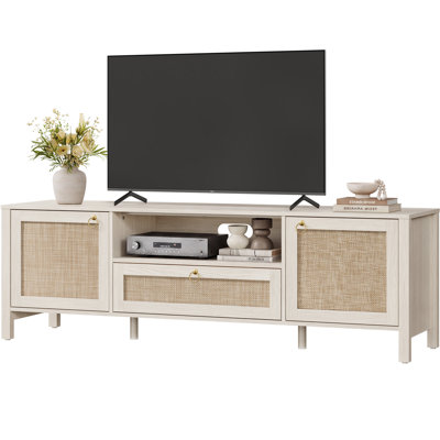 Meuble TV Pomodoro Boho en rotin pour téléviseur de 75 pouces, console multimédia moderne avec étagères réglables, passe-câbles, tiroir et placards de rangement pour salon
